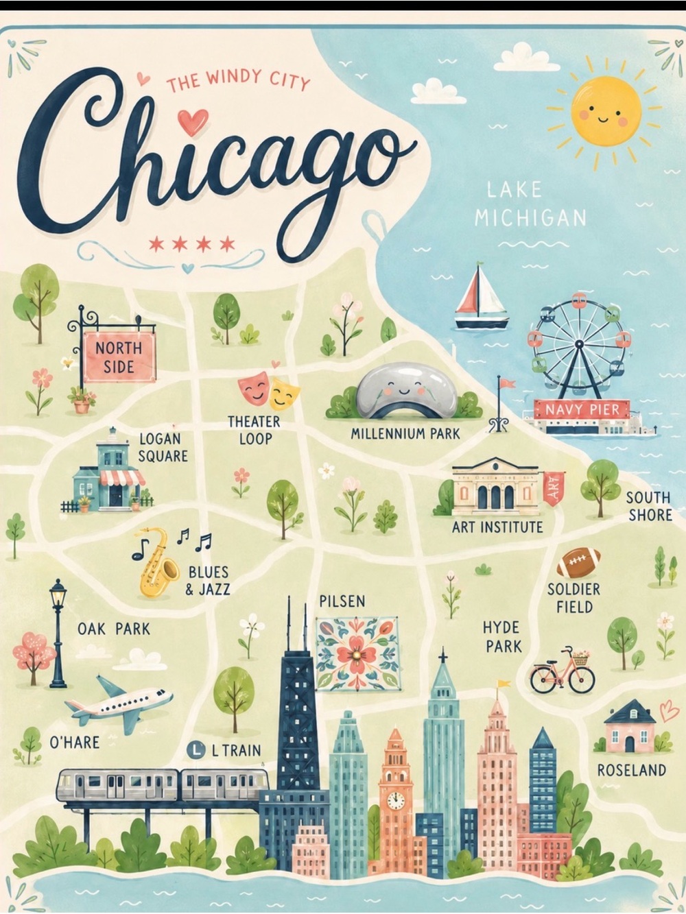 Chicago Map Art Print - Pastel Blue & Cream